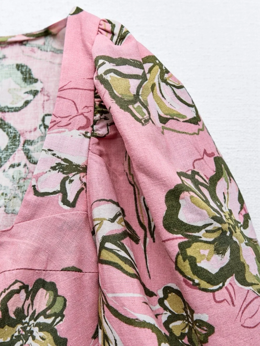 Zara Pink Floral Square-Neck Puff Sleeve Linen-blend Blouse M NWT